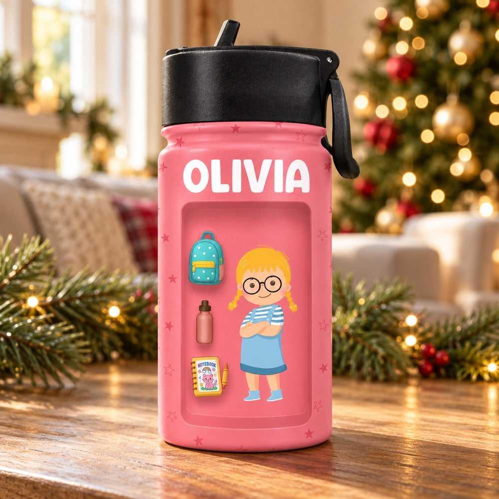 Custom kids back to school water bottle for Olivia in a festive holiday home setting