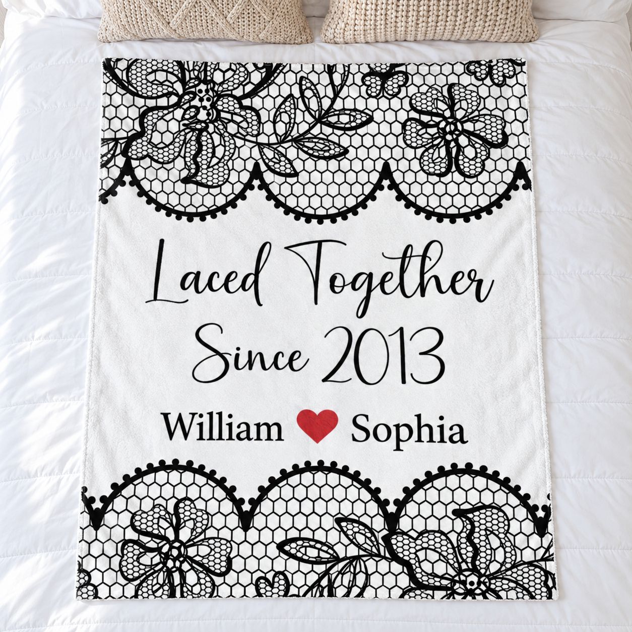 Laced Together Couple personalized blanket spread flat on a cozy white bed
