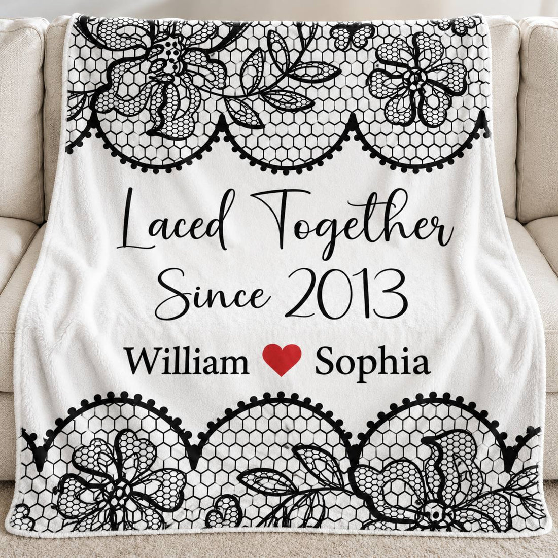 Close-up detail of plush fleece texture and black lace print on couple blanket