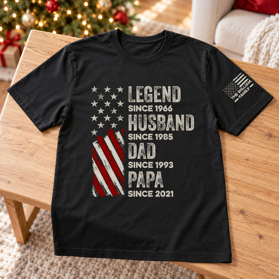 Personalized Legend Husband Dad Papa t-shirt laid flat on wood bench near Christmas tree