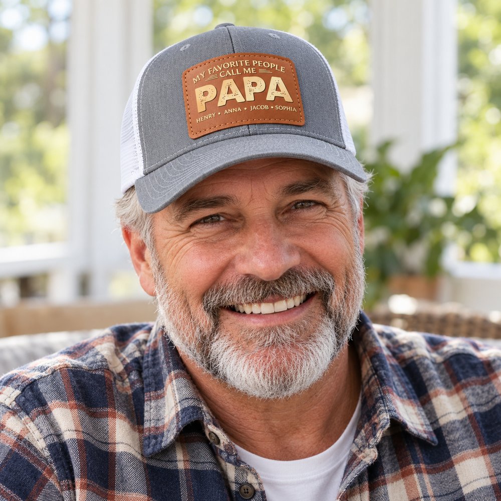 Grandpa wearing personalized My Favorite People Call Me Papa leather patch trucker hat