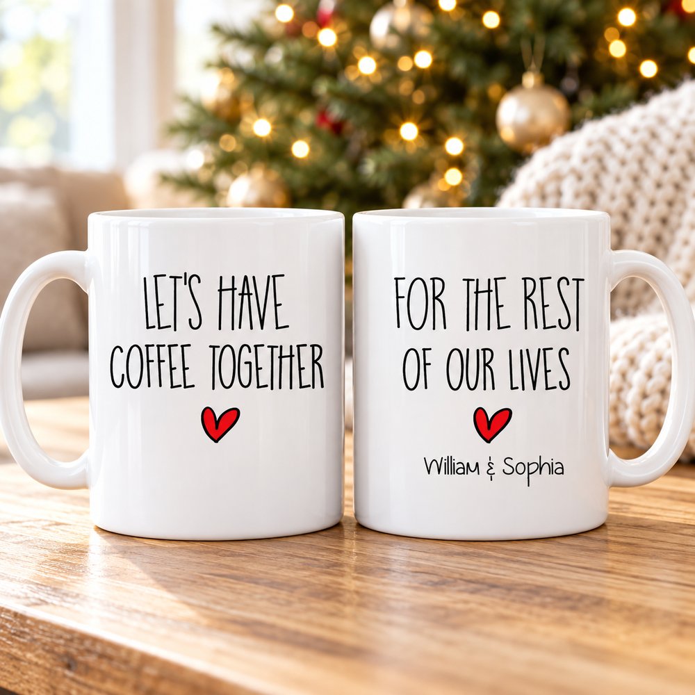 Personalized couple coffee mug set on wooden table with cozy holiday tree background