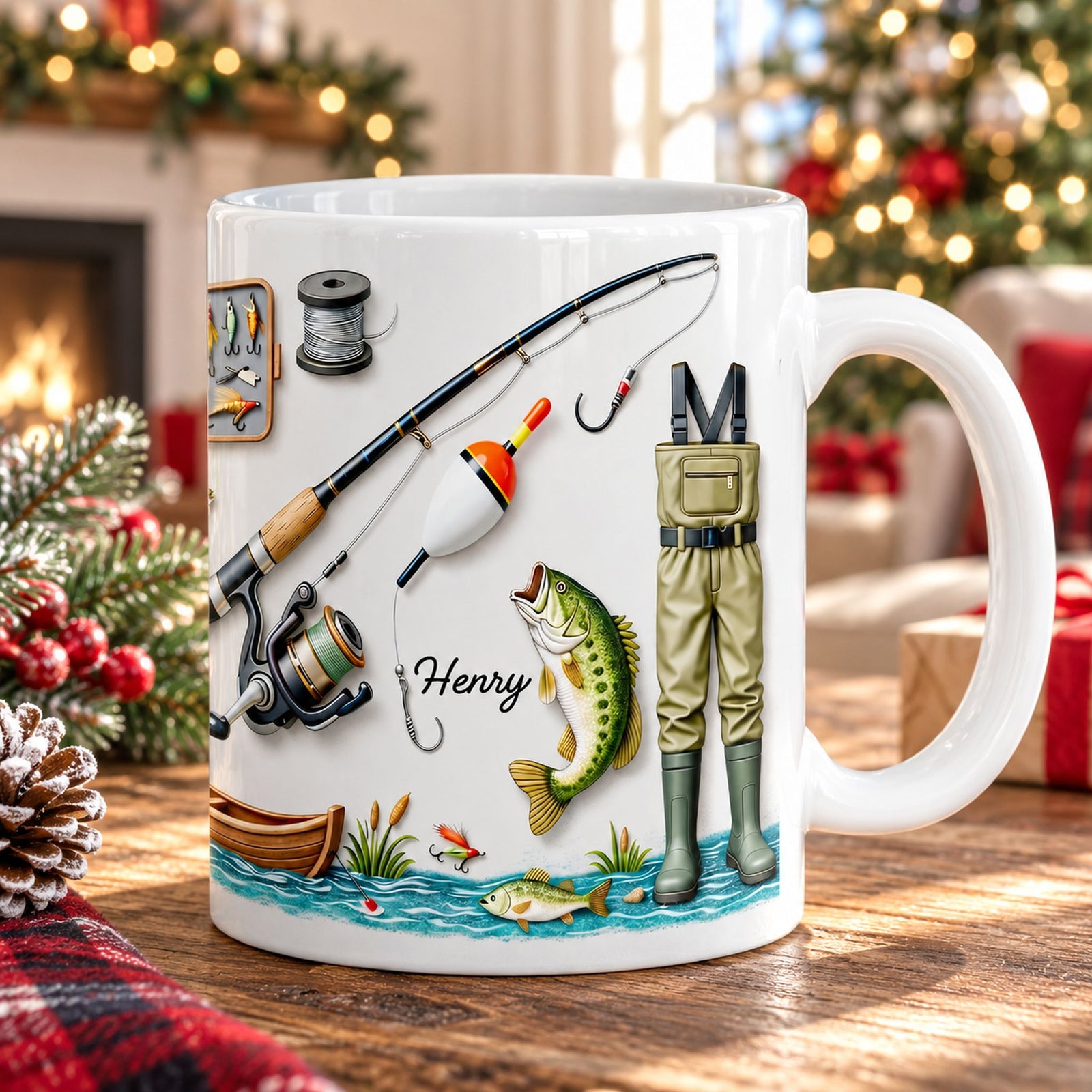 Personalized fishing mug on a wooden table with a Christmas tree in the background