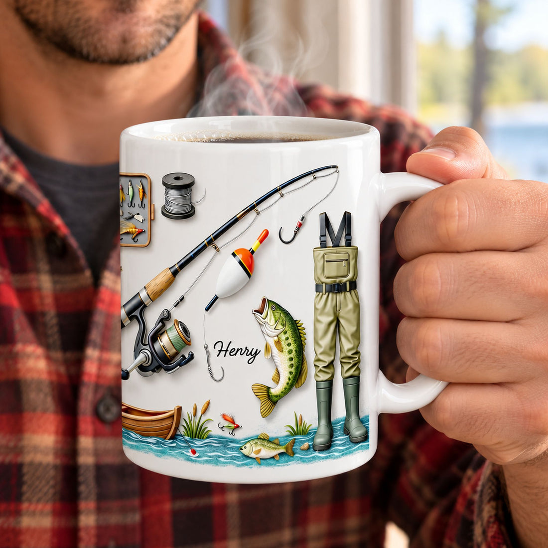 Man in flannel shirt holding a steaming personalized fisherman coffee mug