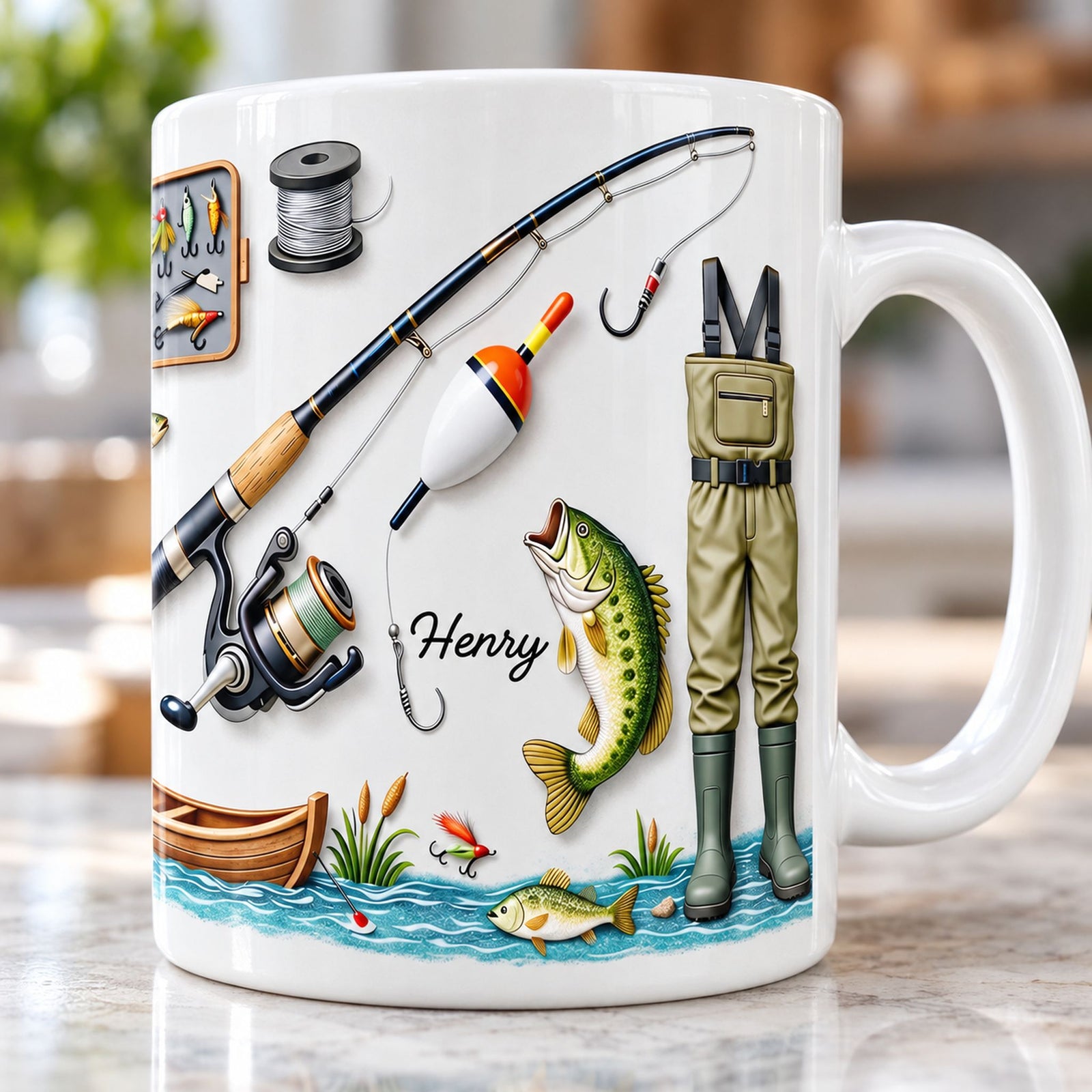Close-up detail of fishing gear and custom name print on white ceramic mug