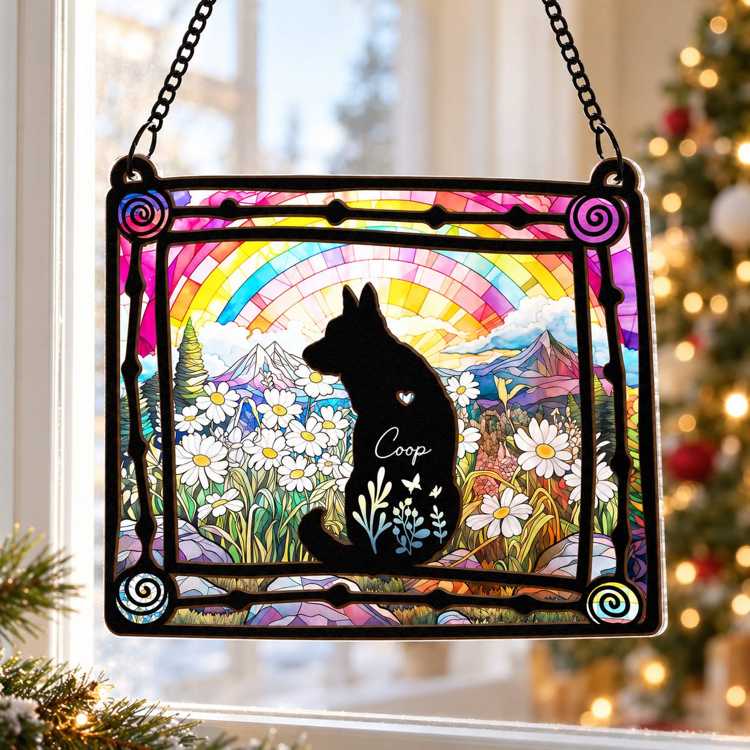 Loss of dog suncatcher ornament hanging by a window with a soft Christmas tree in the background