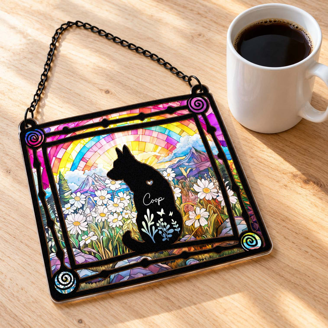 6 inch dog memorial suncatcher lying flat next to a 4 inch ceramic mug for size comparison