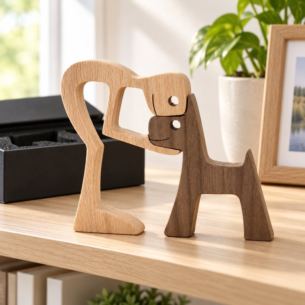 Dog mom and dog dad wood sculpture standing on a modern home bookshelf in natural light