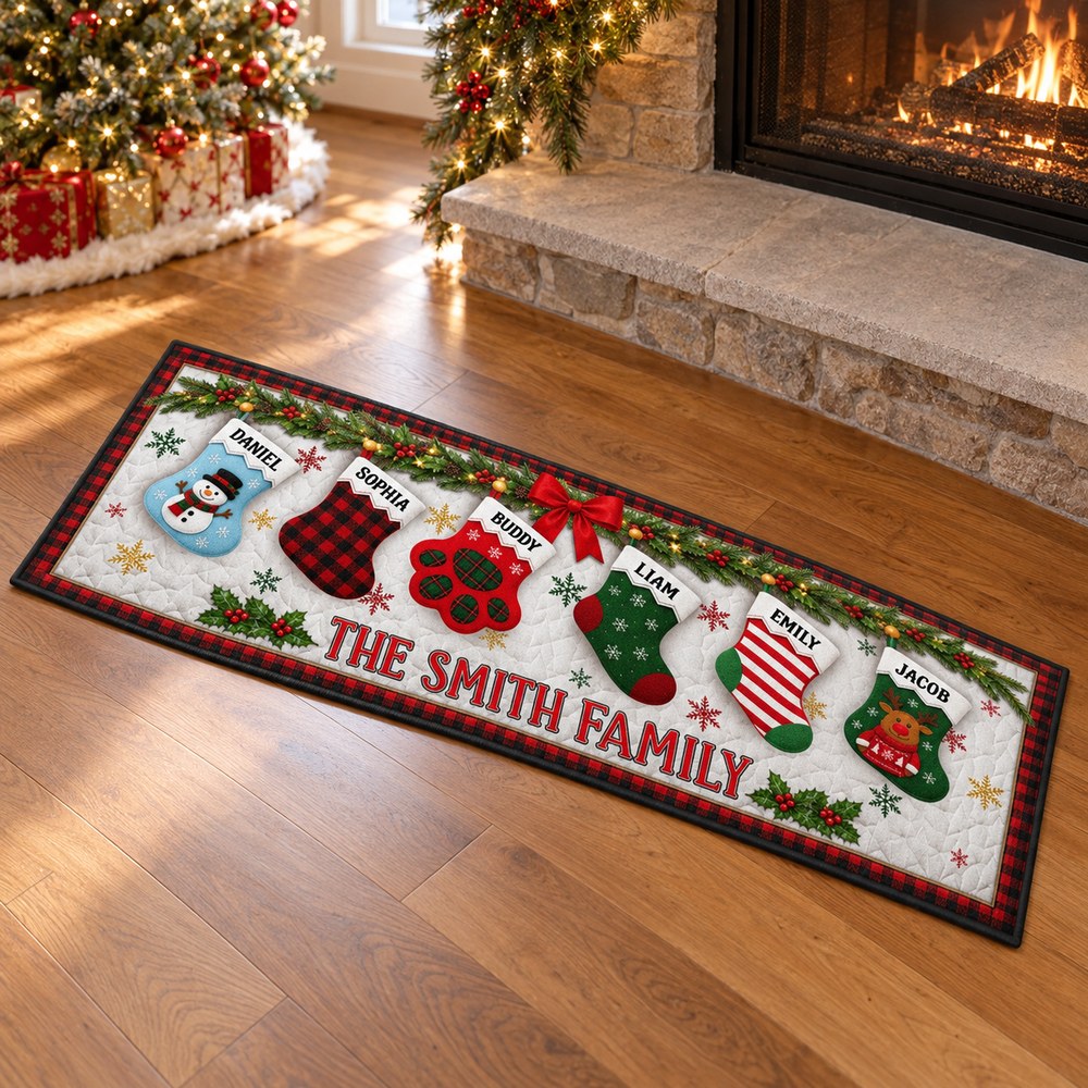 Personalized family Christmas stocking runner rug lying flat near a festive fireplace