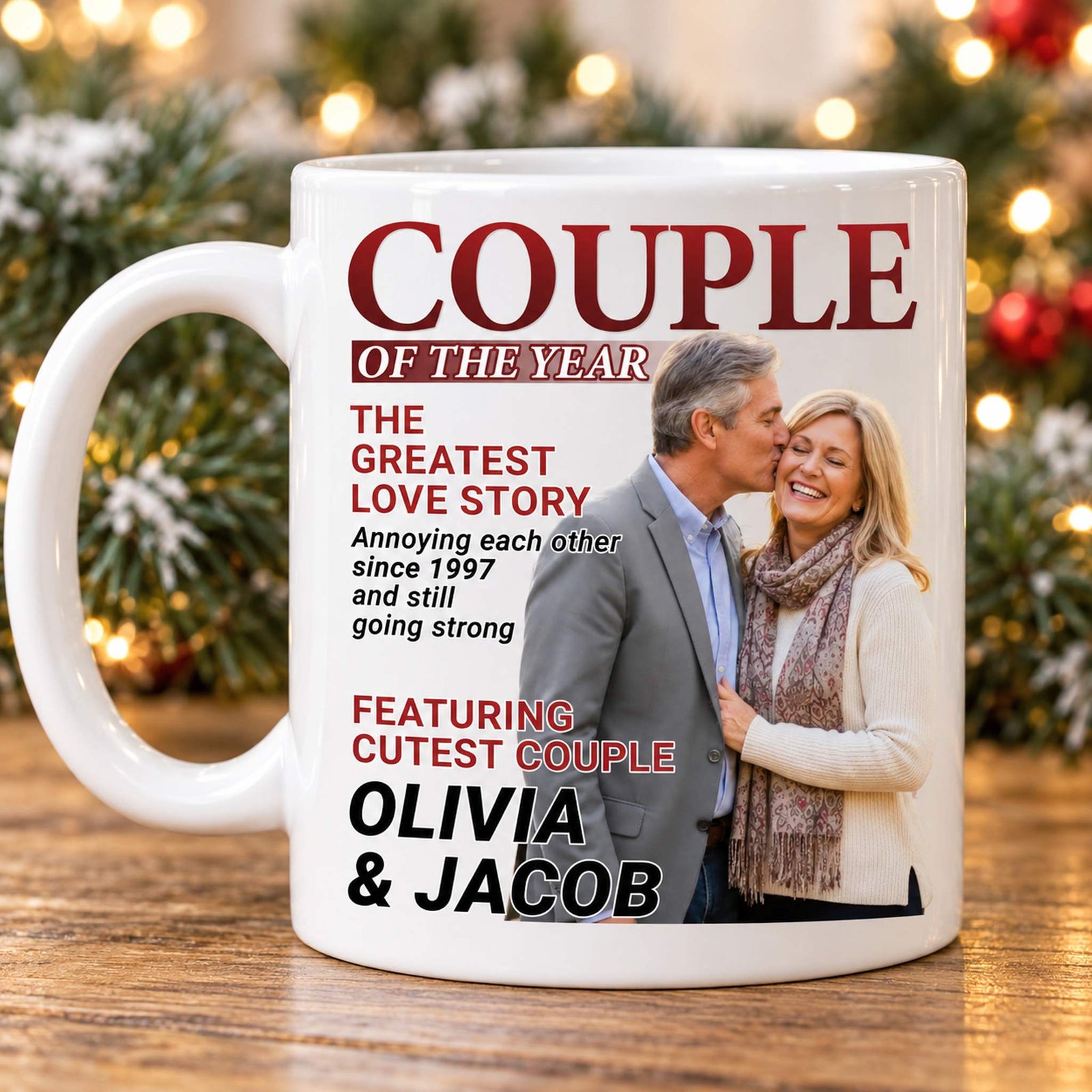 Couple of the Year custom photo coffee mug on a holiday table with Christmas lights