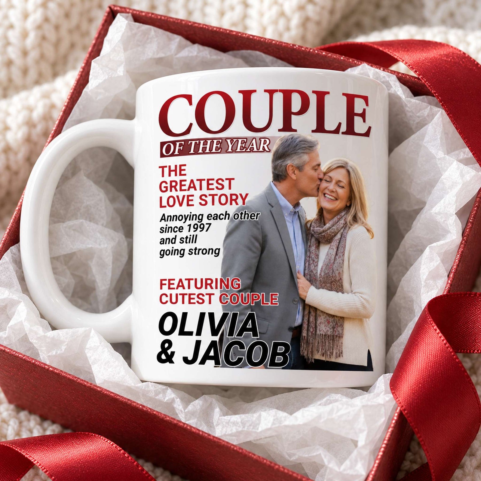 Personalized Couple of the Year mug in a gift box with ribbon and tissue paper
