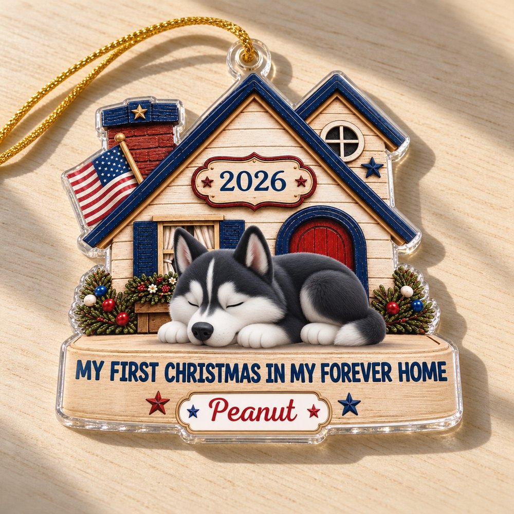 Close up of personalized forever home dog acrylic ornament showing glossy edges and print detail