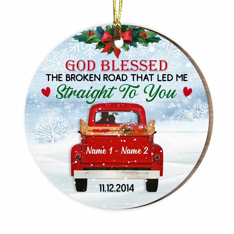 God Blessed The Broken Road That Let Me Straight To You Personalized custom shaped wood ornament, alternate view 4