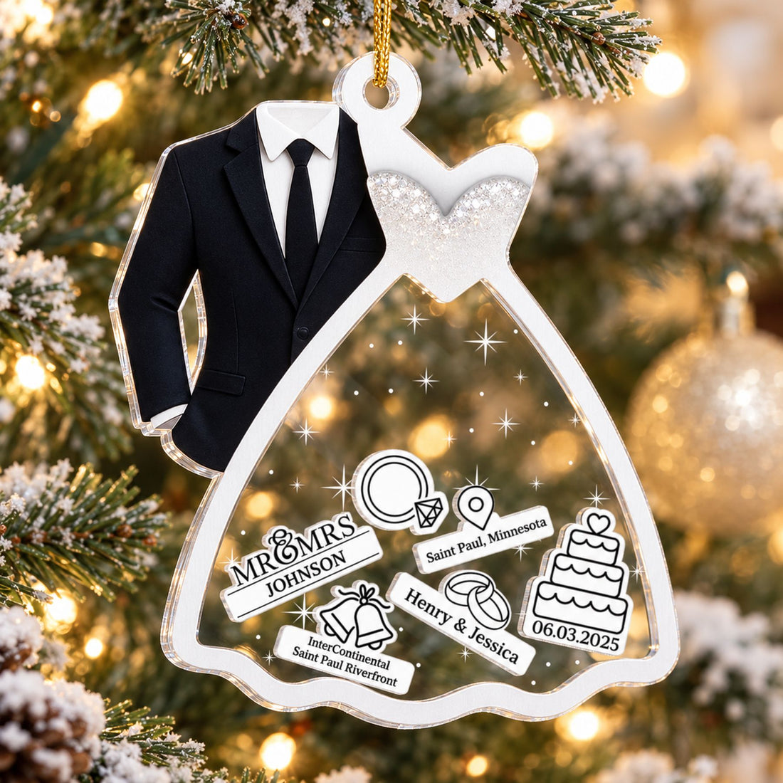 Custom wedding couple 3-layer acrylic shaker ornament hanging on a Christmas tree branch