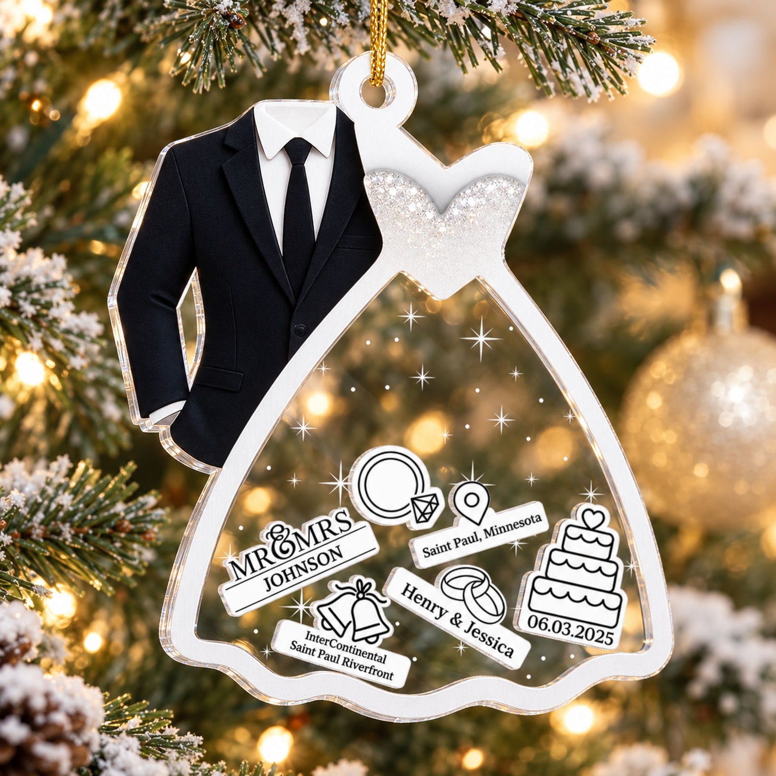 Custom wedding couple 3-layer acrylic shaker ornament hanging on a Christmas tree branch