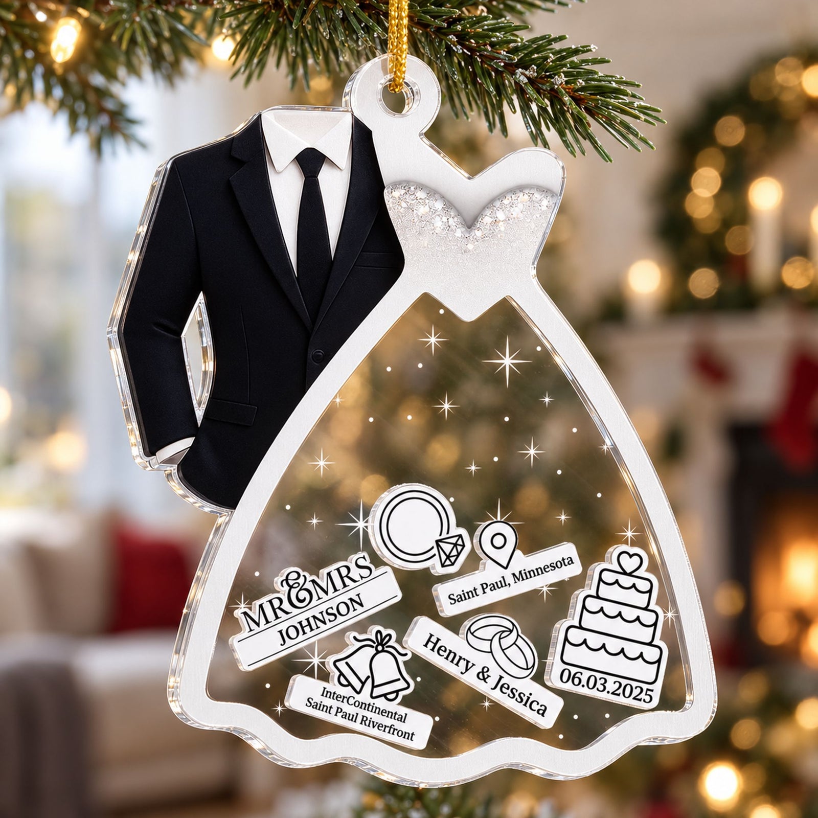Close-up detail of 3-layer acrylic wedding shaker ornament charms and layered edges