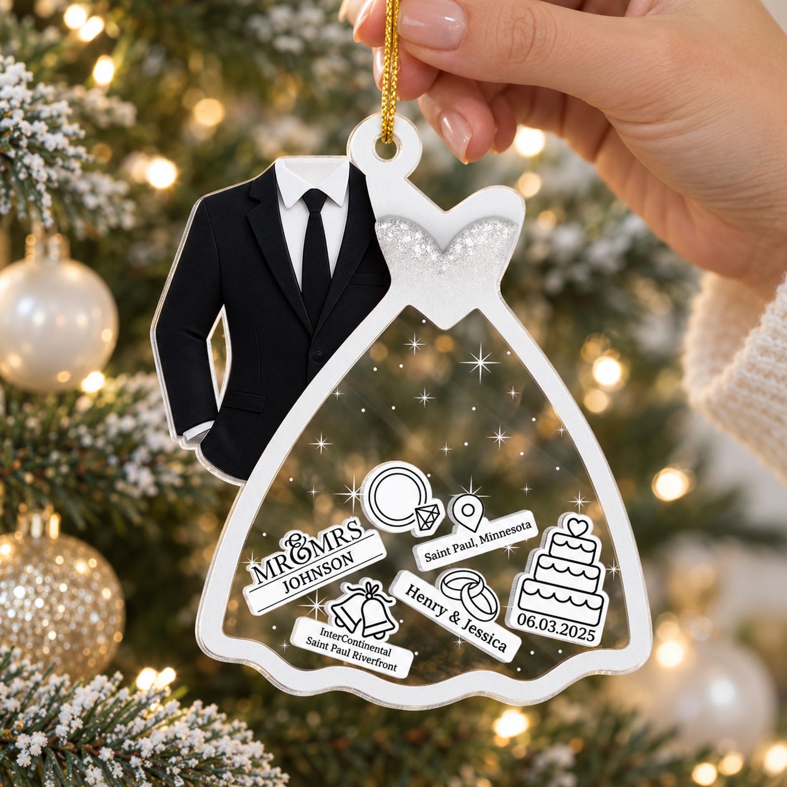Hand holding the 5.12 inch custom wedding couple shaker ornament to show real scale