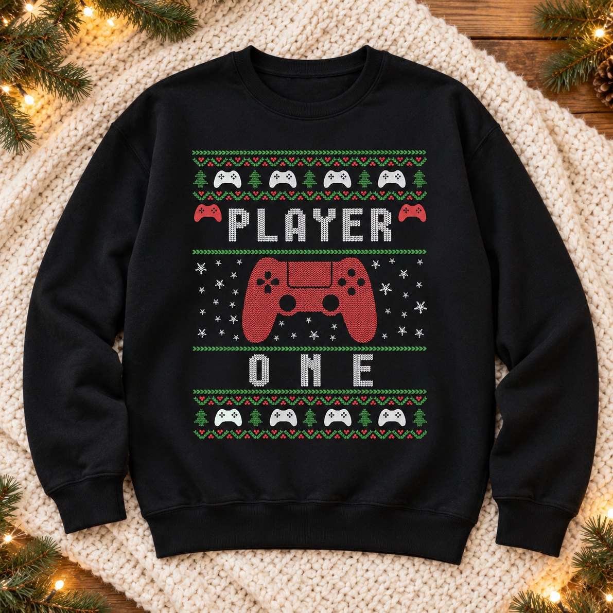 Black Player One ugly Christmas gamer sweatshirt laid flat with pine greenery and holiday lights
