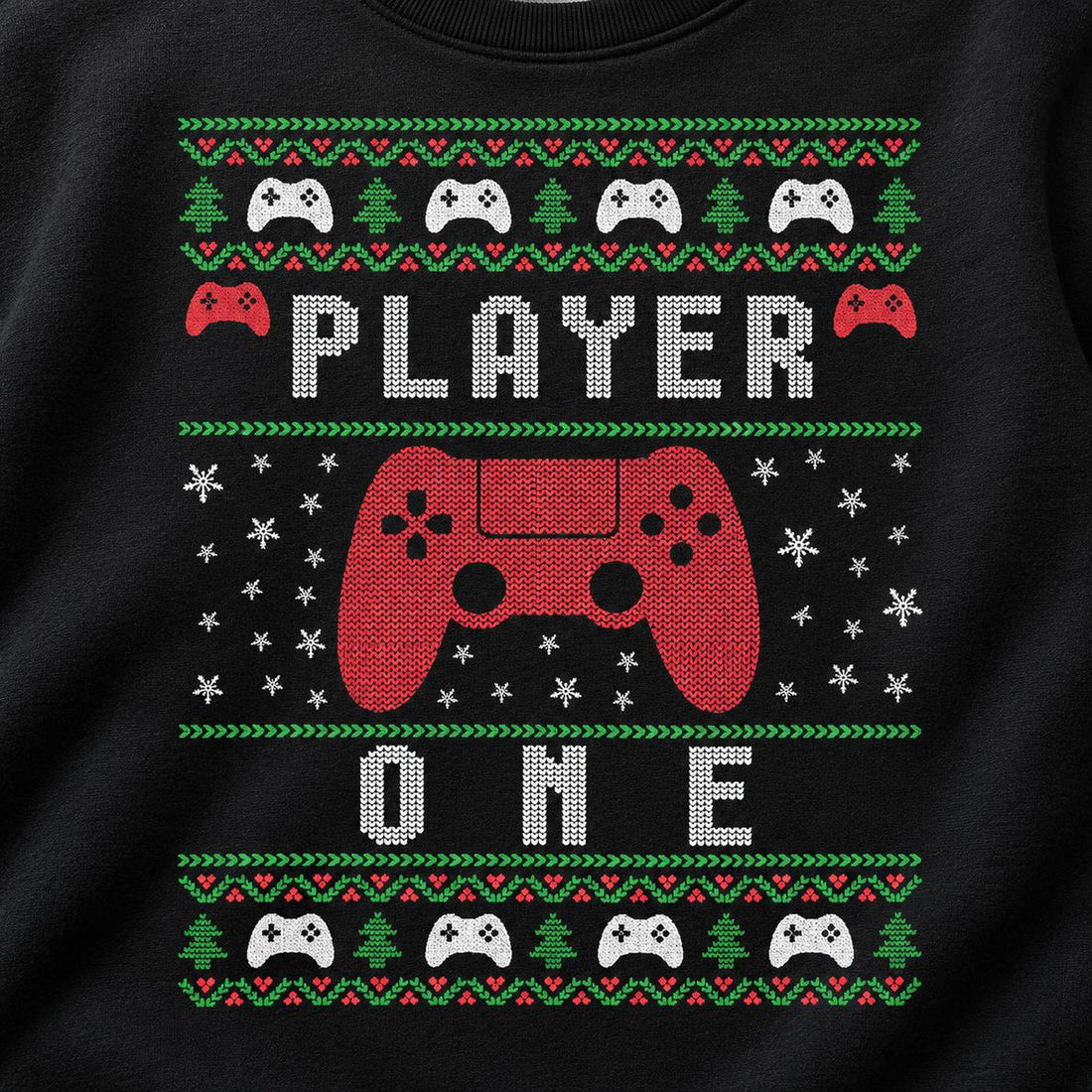 Close-up detail of the faux-knit gamepad and snowflake print on the black Christmas couple sweatshirt