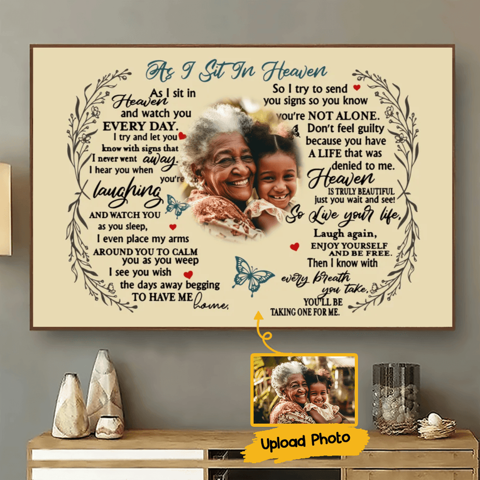 Personalized Custom Photo As I Sit In Heaven canvas print, leaning against a wall on a wooden floor