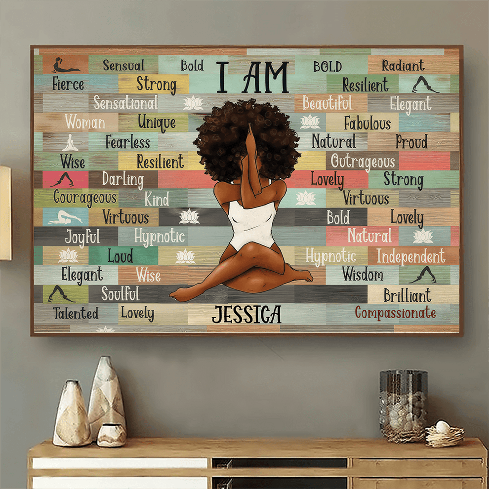 Personalized I Am Black Woman Yoga Pose canvas print, leaning against a wall on a wooden floor