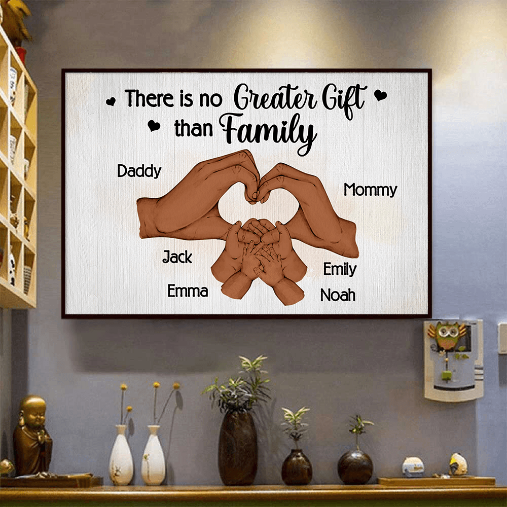 Personalized Family Hand Heart canvas print, framed in a bright living room