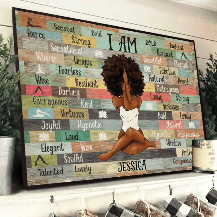 Personalized I Am Black Woman Yoga Pose canvas print, framed in a bright living room