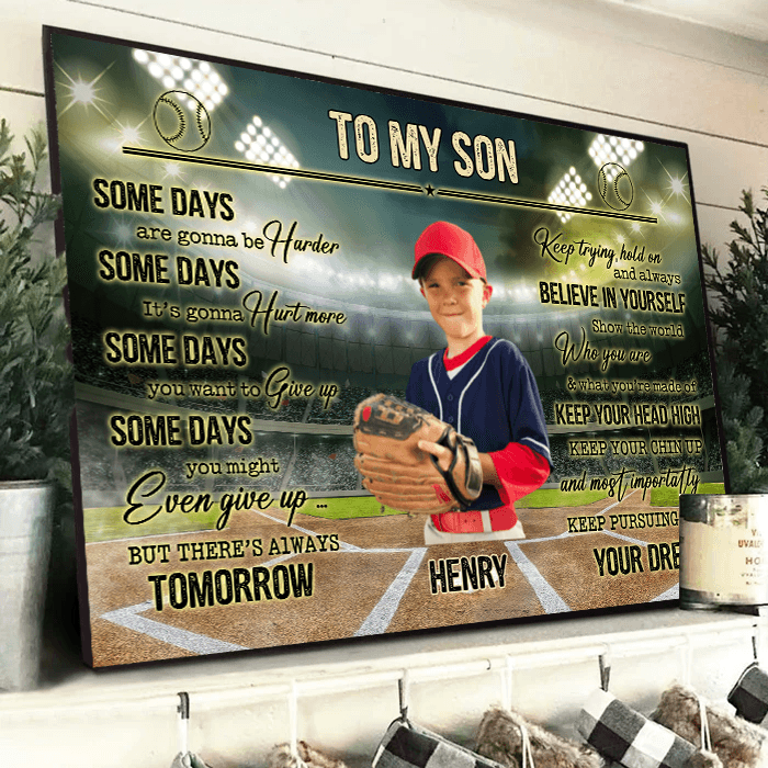 Personalized Believe In Yourself Inspiring Baseball Quotes poster, framed in a bright living room