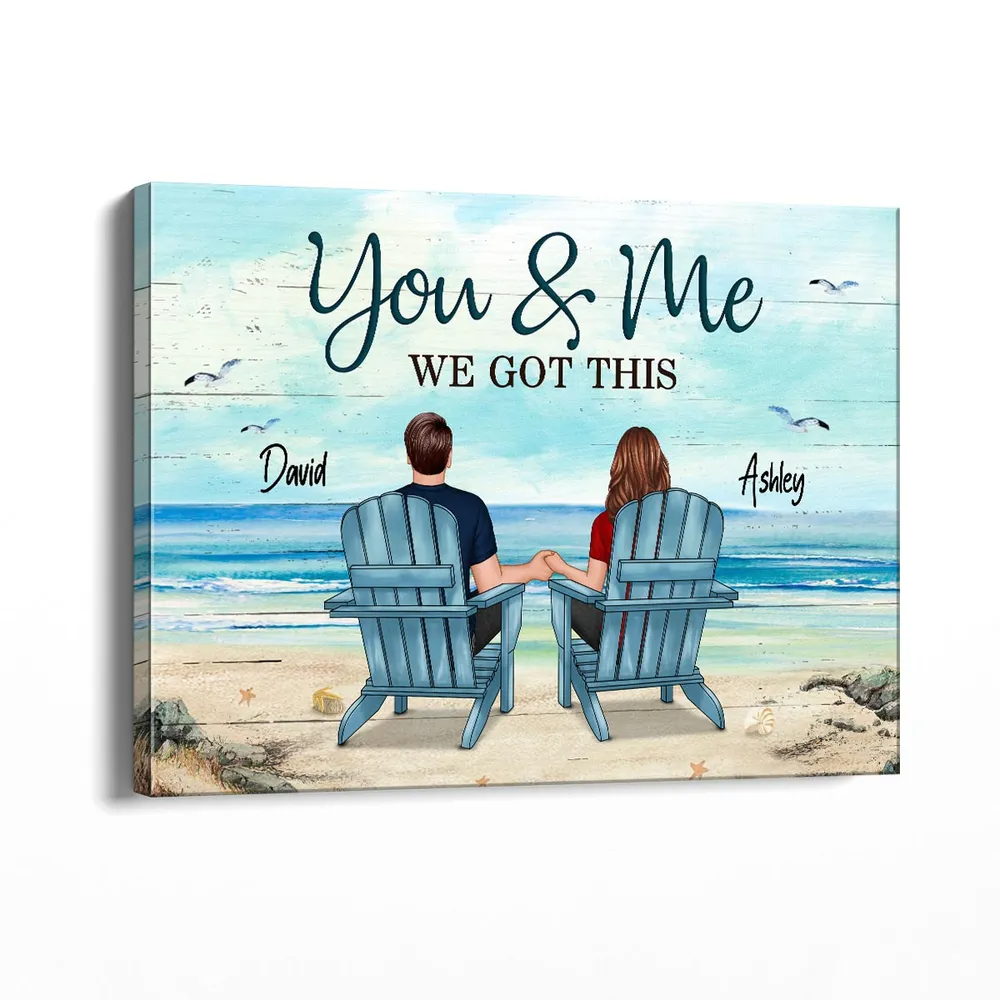 Back View Couple Sitting Beach Landscape - Personalized Poster/Canvas - Gift For Couple
