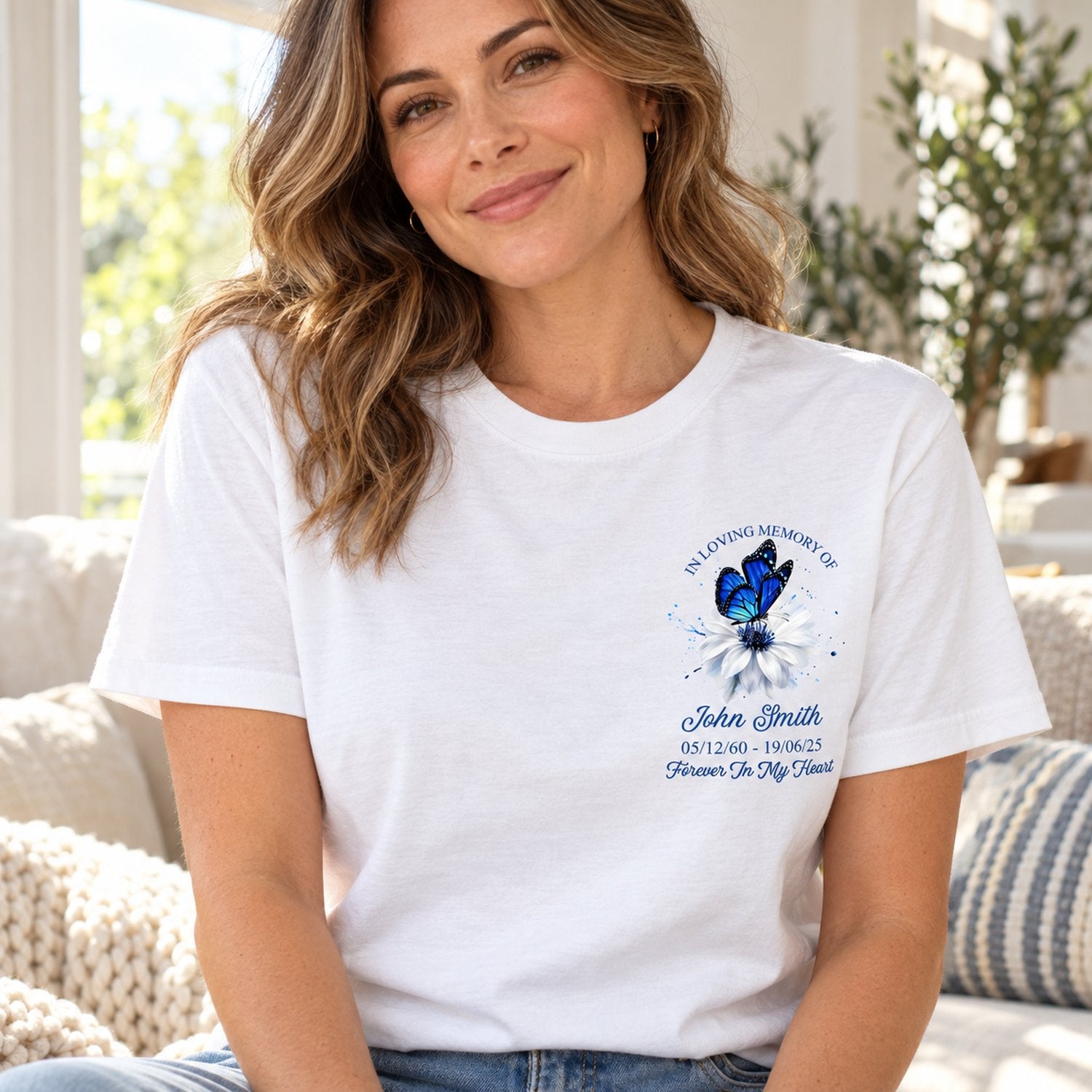 Woman wearing white Memorial Butterfly Forever In My Heart personalized custom shirt in bright room