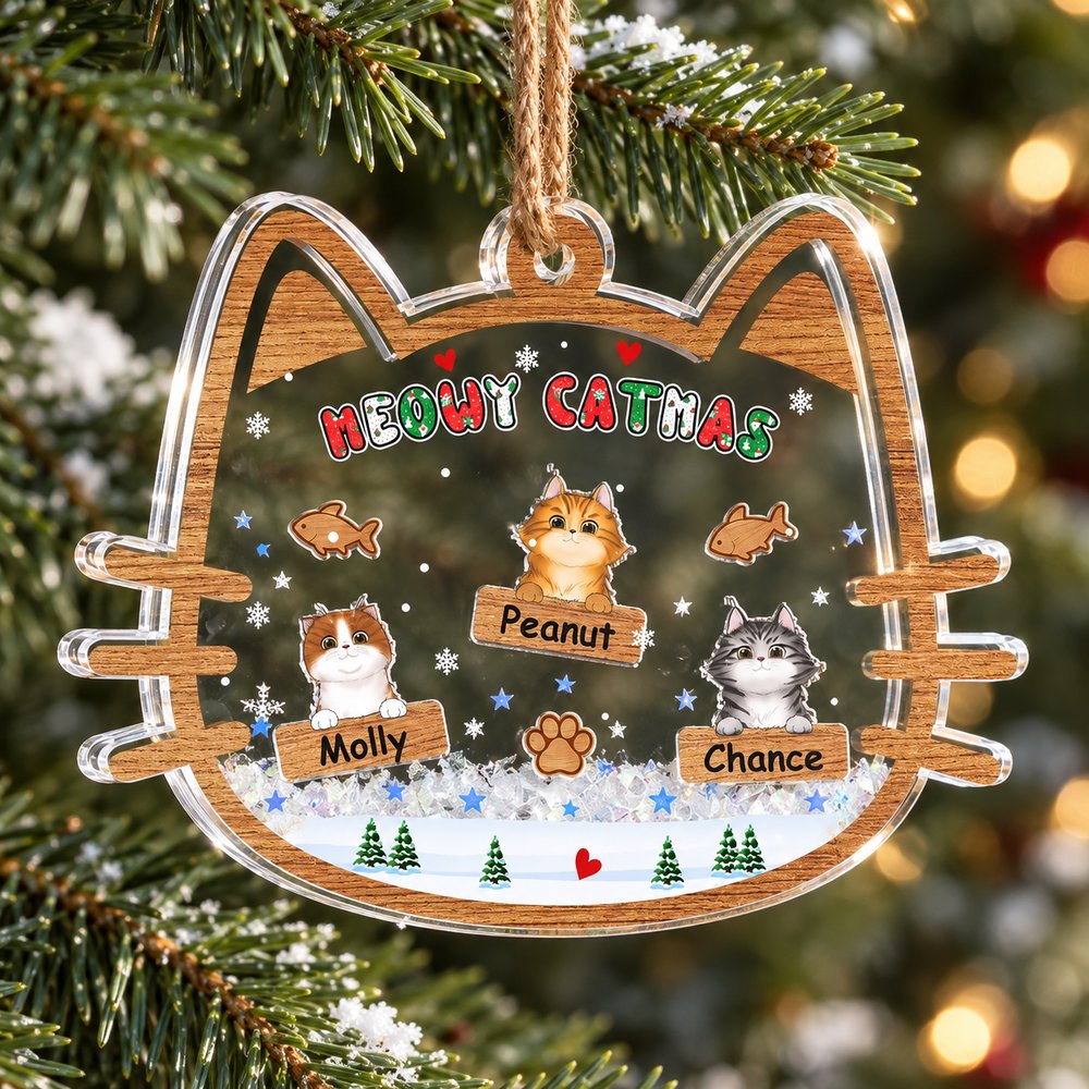 Close up detail of custom cat shaker ornament acrylic layers and inner charms