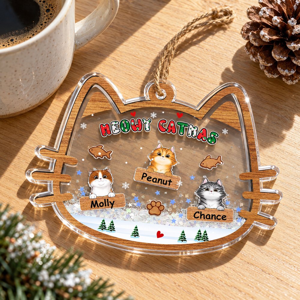 5.1 inch Meowy Catmas shaker ornament next to a coffee mug for size comparison