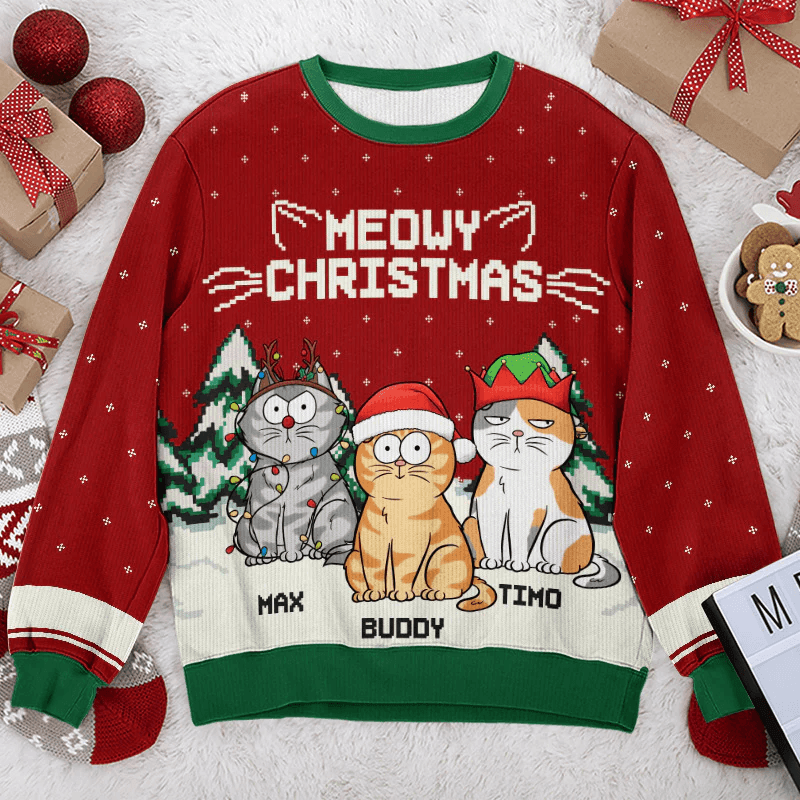 Meowy Catmas - Personalized Custom Ugly Sweatshirt Unisex Jumper - Funny Christmas Ugly Sweater Gifts For Cat Owners, Cat Lovers, Cat Mom, Cat Dad - Suzitee Store