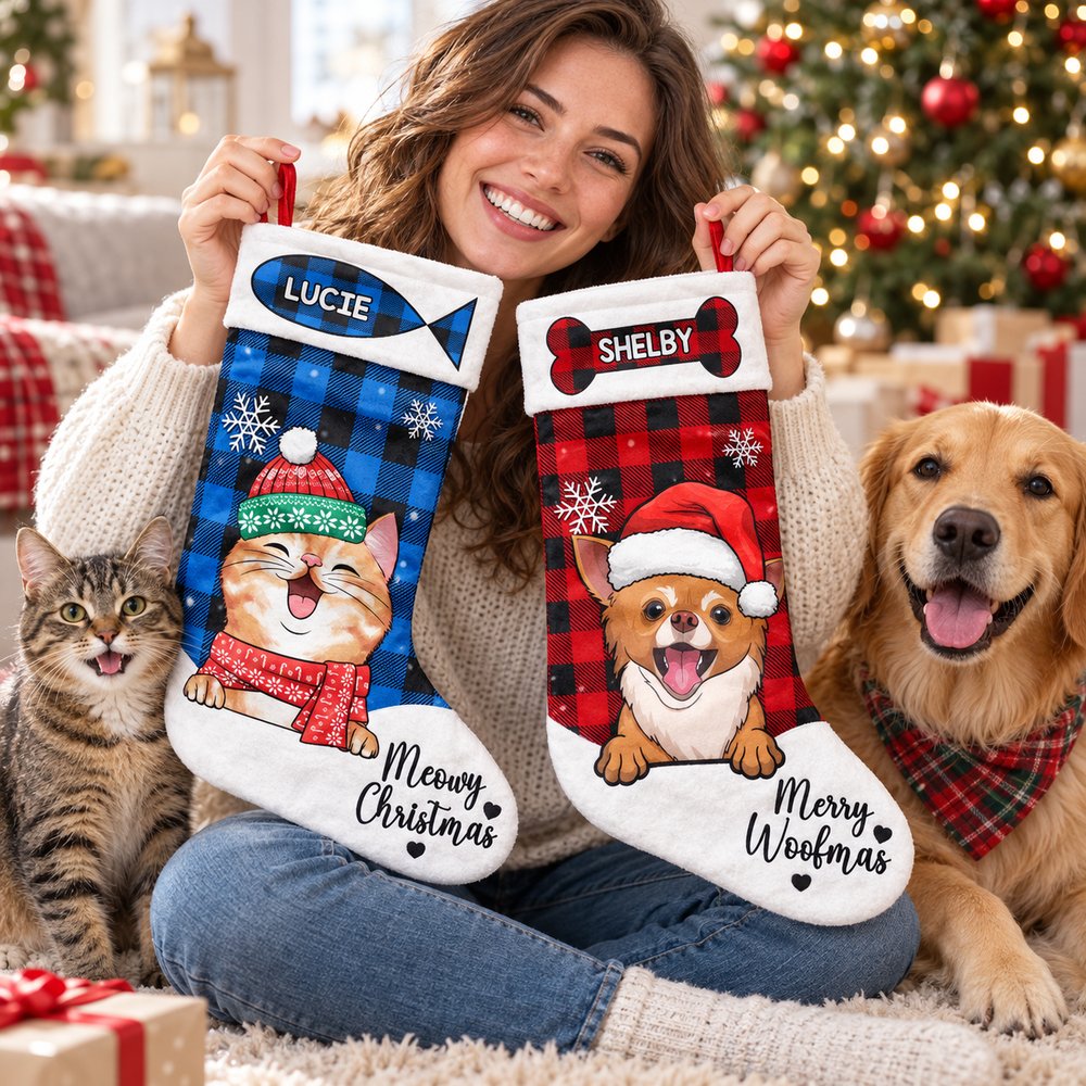 Happy pet owner holding personalized Meowy Christmas and Merry Woofmas stockings with dog and cat