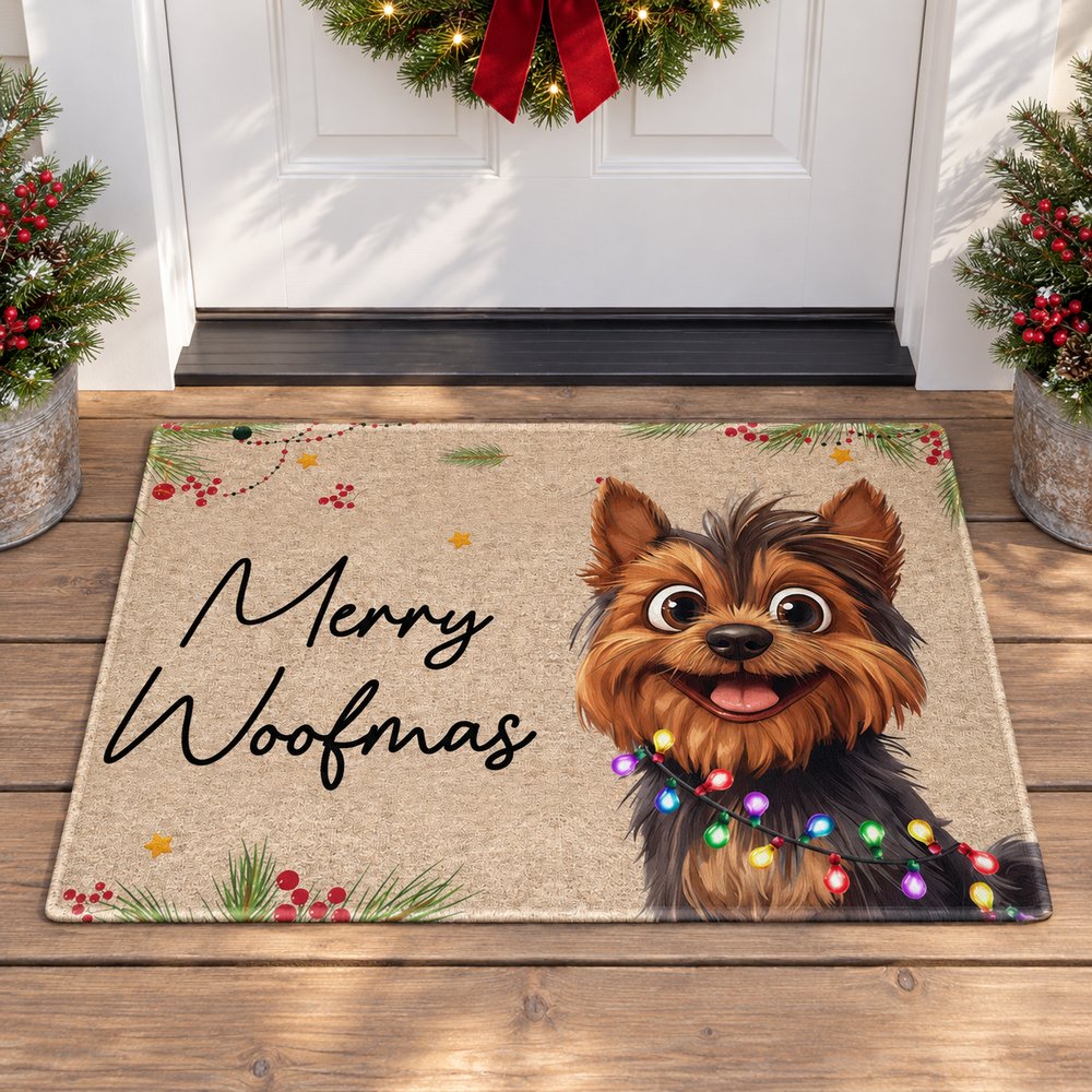Merry Woofmas personalized dog doormat on a Christmas decorated front porch