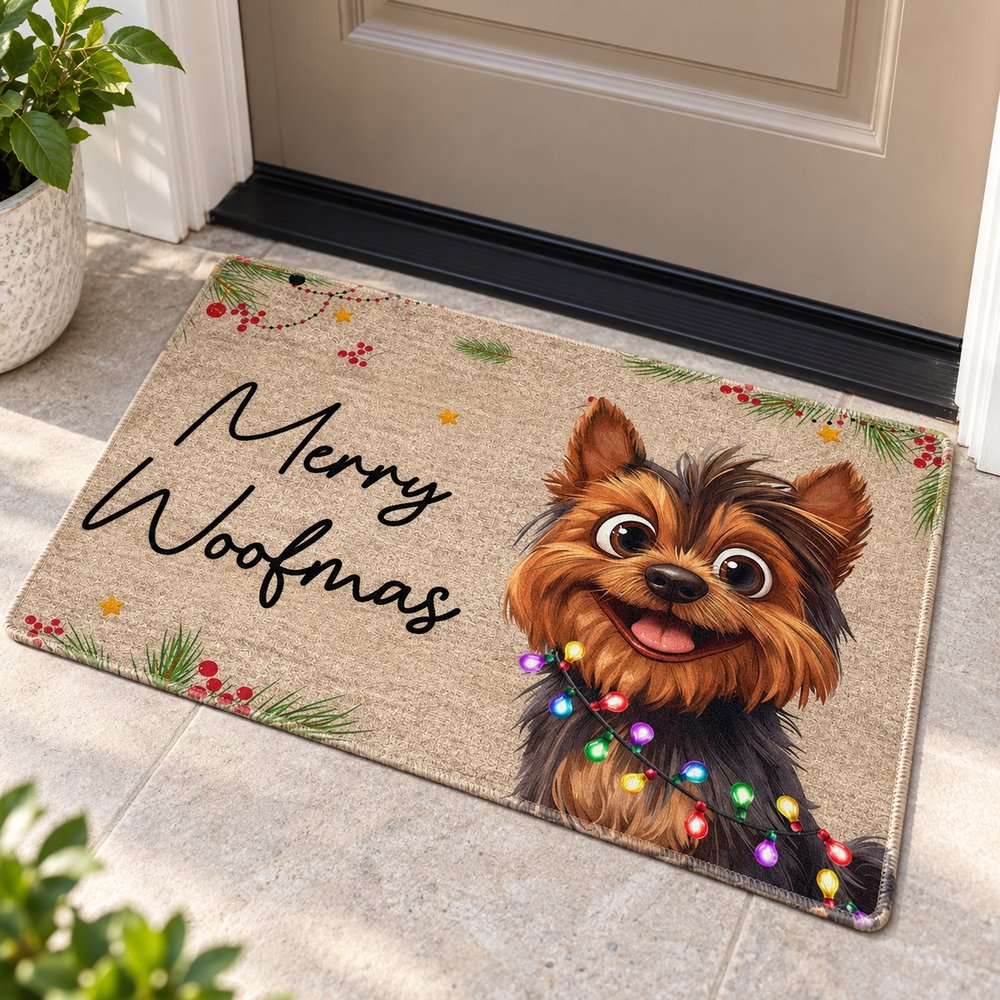 Close-up of Merry Woofmas doormat polyester felt texture and stitched edge