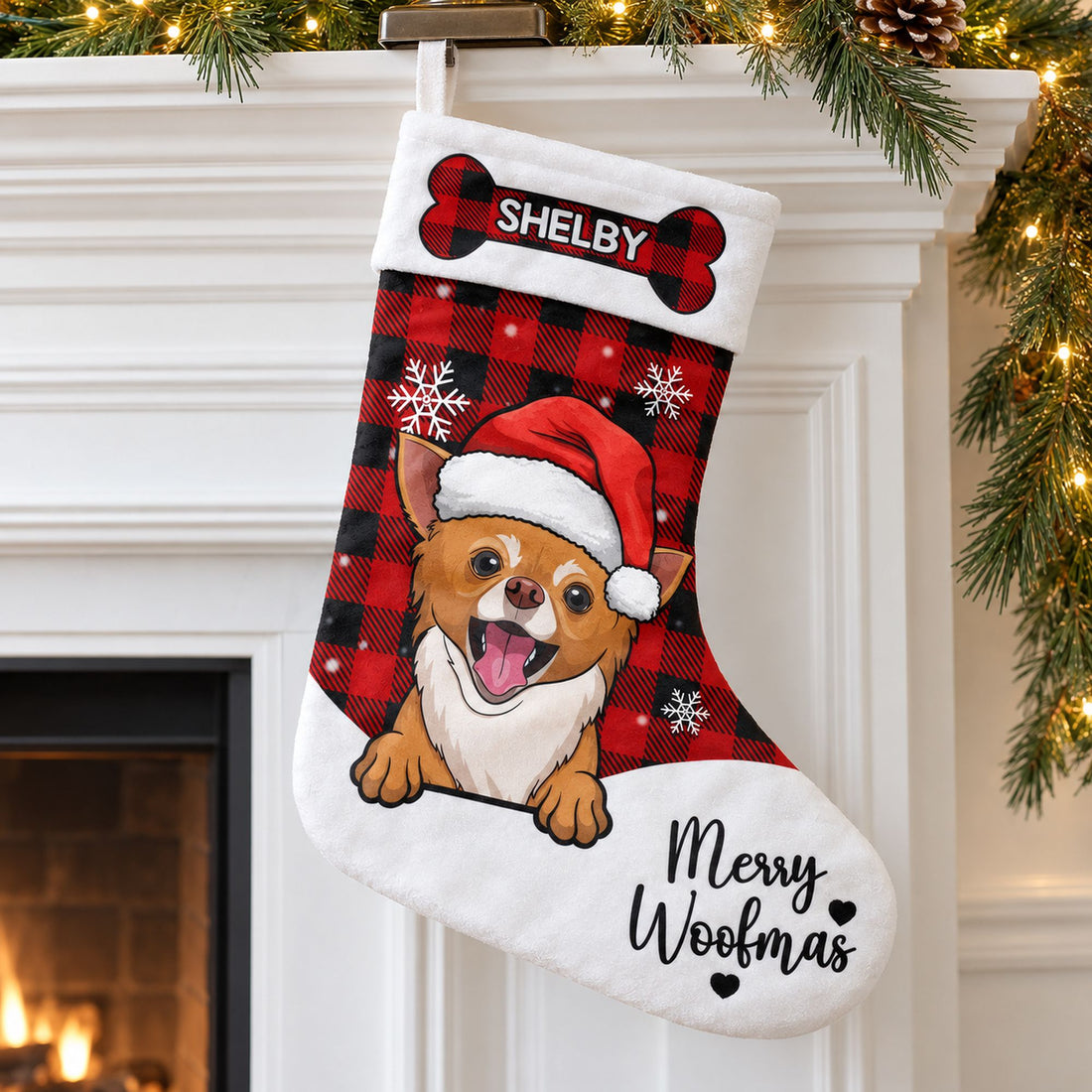 Personalized Merry Woofmas dog Christmas stocking hanging on a festive fireplace mantel