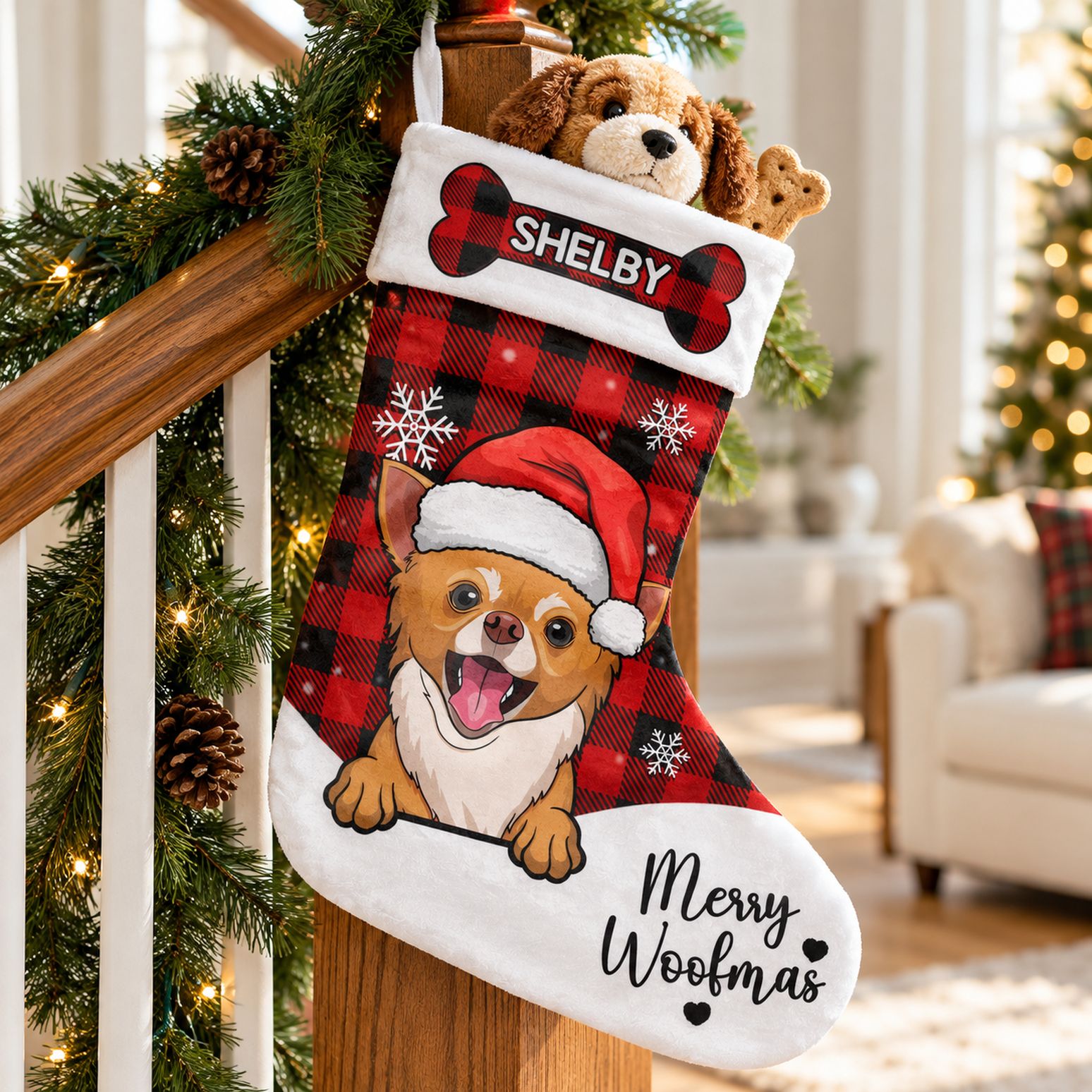 Custom dog lover Christmas stocking filled with pet treats hanging on a holiday staircase