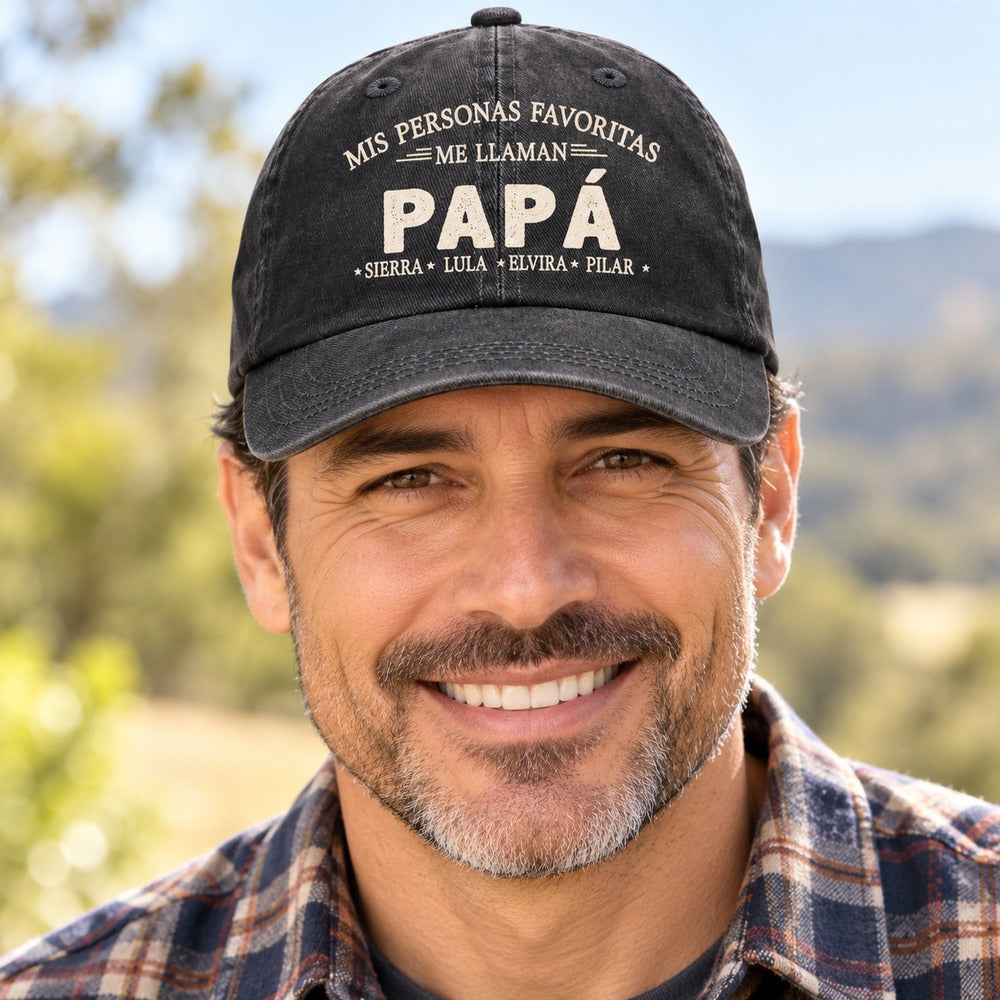 Dad wearing personalized Mis Personas Favoritas Me Llaman Papa vintage denim cap outdoors