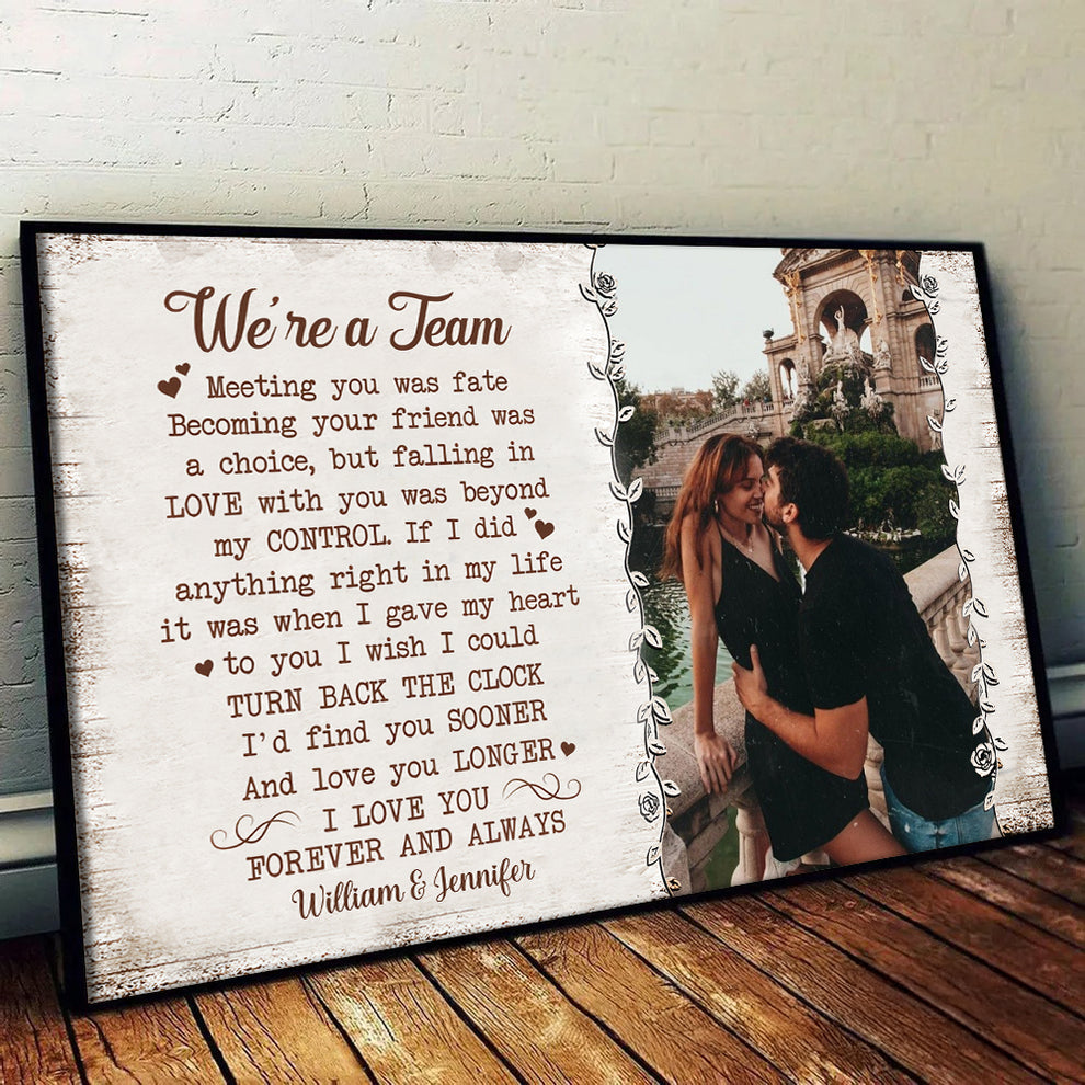 Personalized Custom Photo We're A Team canvas print, leaning against a wall on a wooden floor