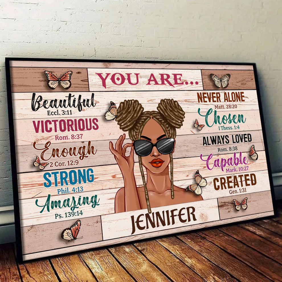 Personalized You Are Beautiful Victorious poster, leaning against a wall on a wooden floor