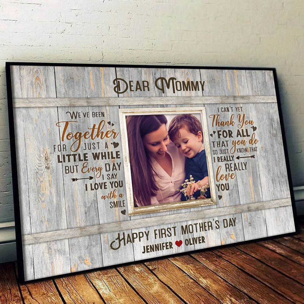Personalized Happy First Time Mother’s Day poster, leaning against a wall on a wooden floor