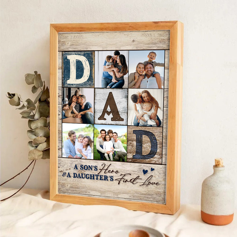 Personalized Custom Photo Collage You Are The World canvas print, leaning against a wall on a wooden floor
