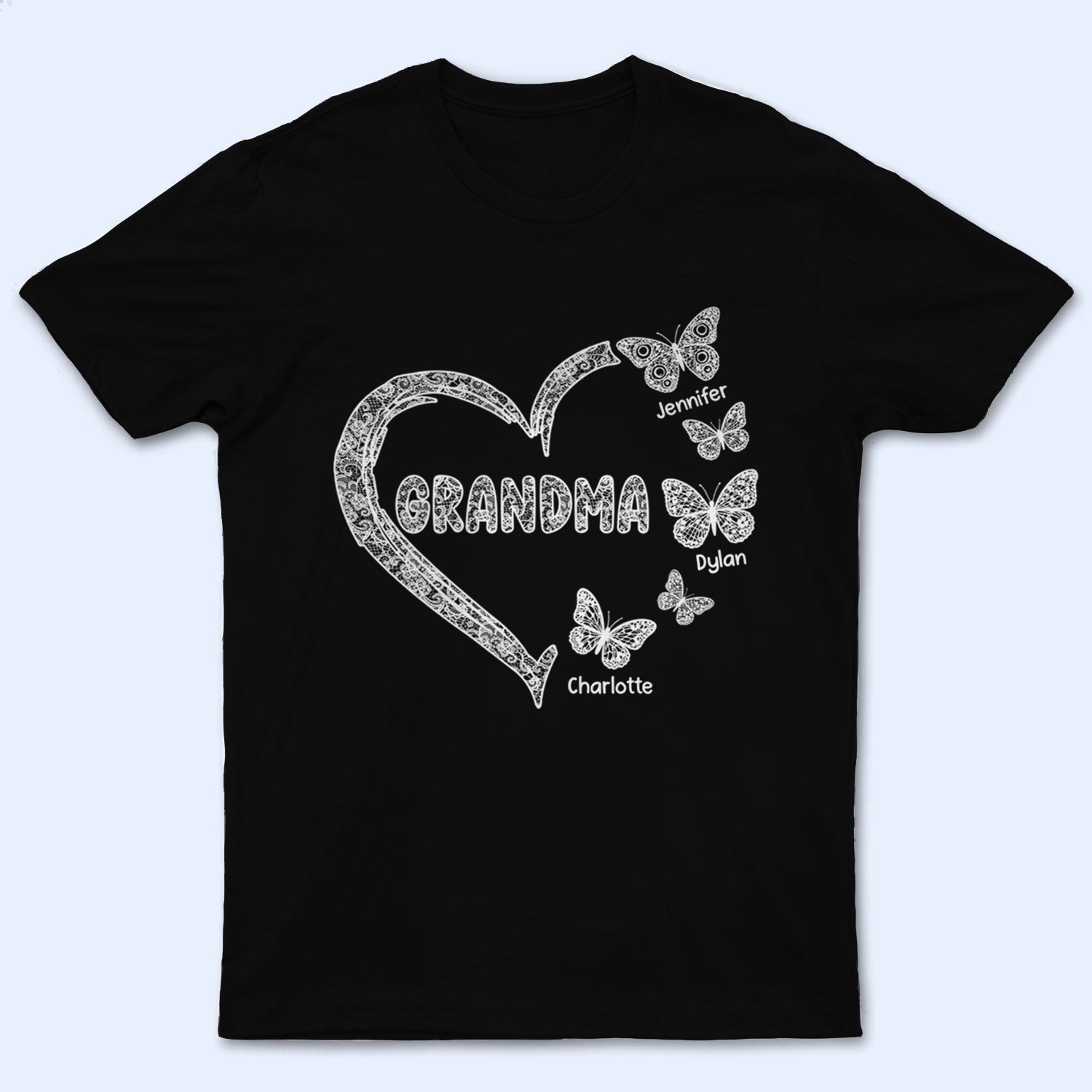 Grandma Lace Pattern Butterflies Heart - Personalized Custom T Shirt - Gift For Mom, Grandma, Mama, Nana