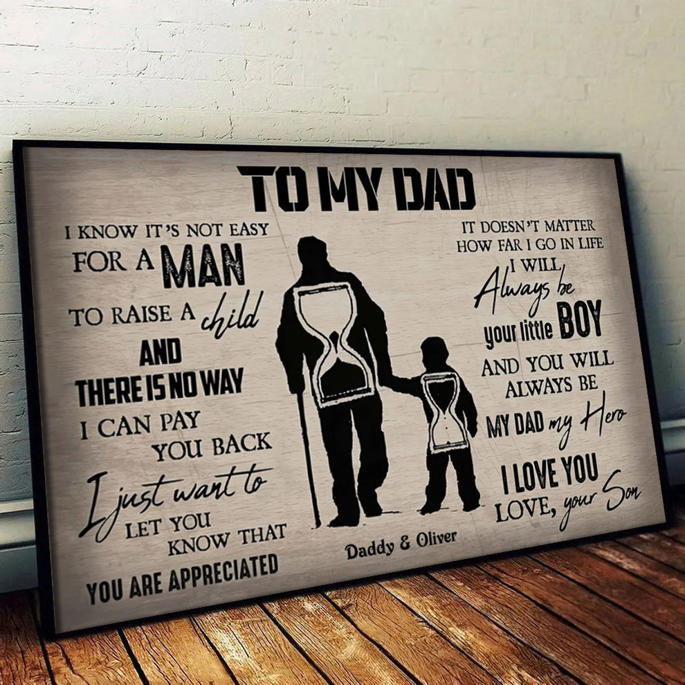 Personalized To My Dad From Son poster, leaning against a wall on a wooden floor