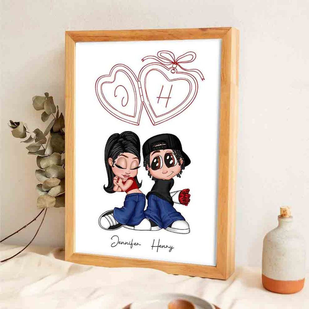 Personalized Y2K Couple Initial Heart Locket poster, leaning against a wall on a wooden floor