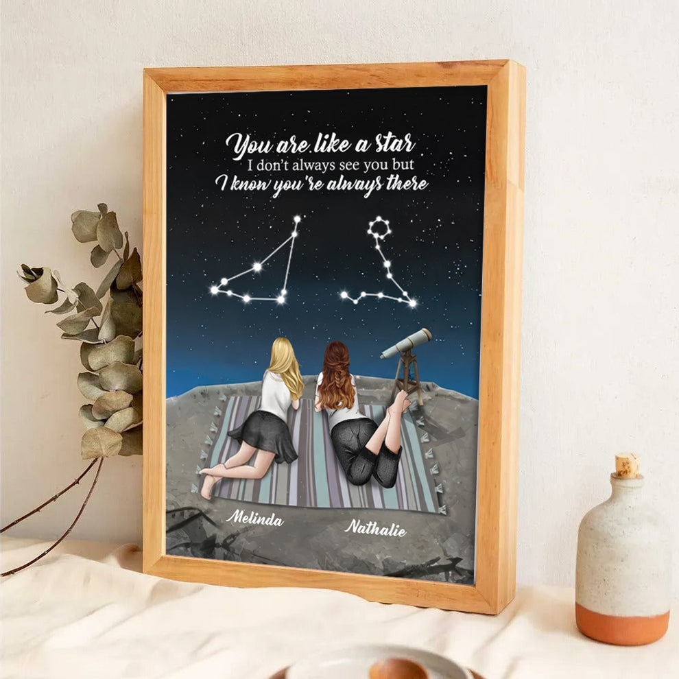 Personalized To My Bestie poster, leaning against a wall on a wooden floor