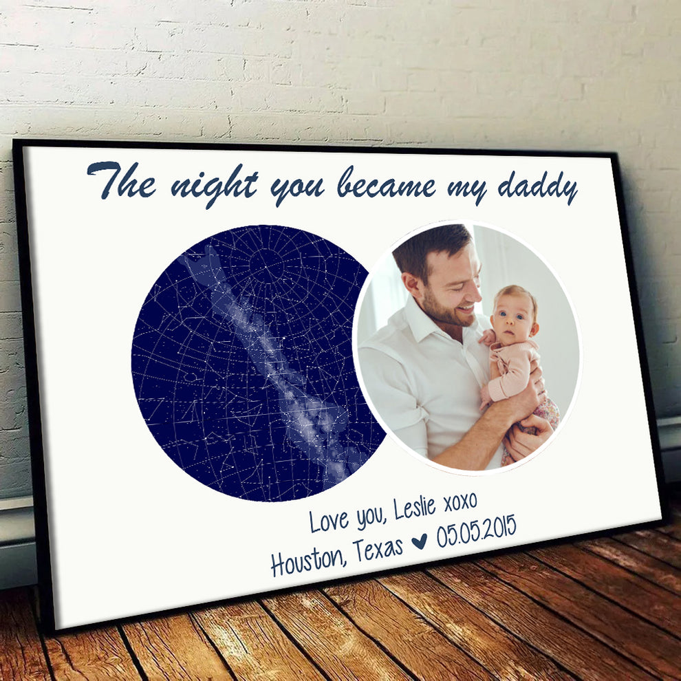 Custom Photo The Night You Became My Daddy poster, leaning against a wall on a wooden floor