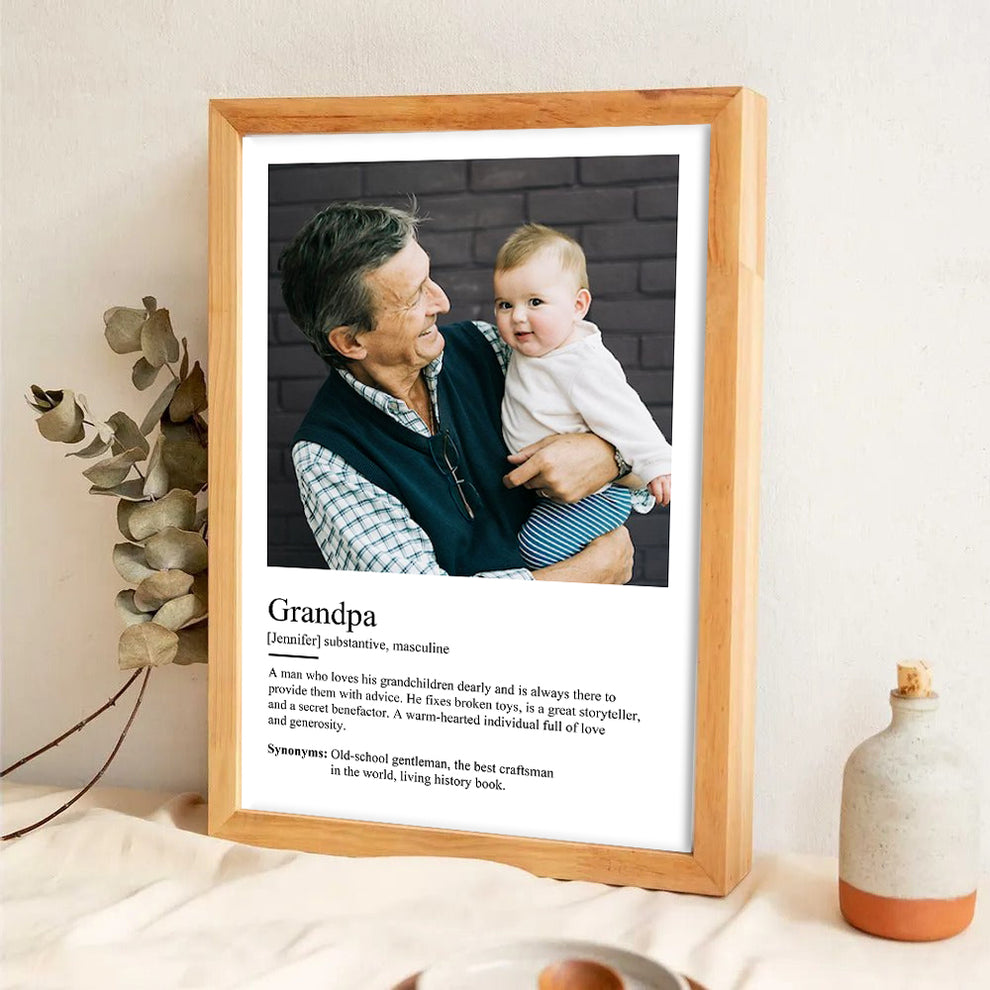 Custom Photo Grandpa Definition poster, leaning against a wall on a wooden floor