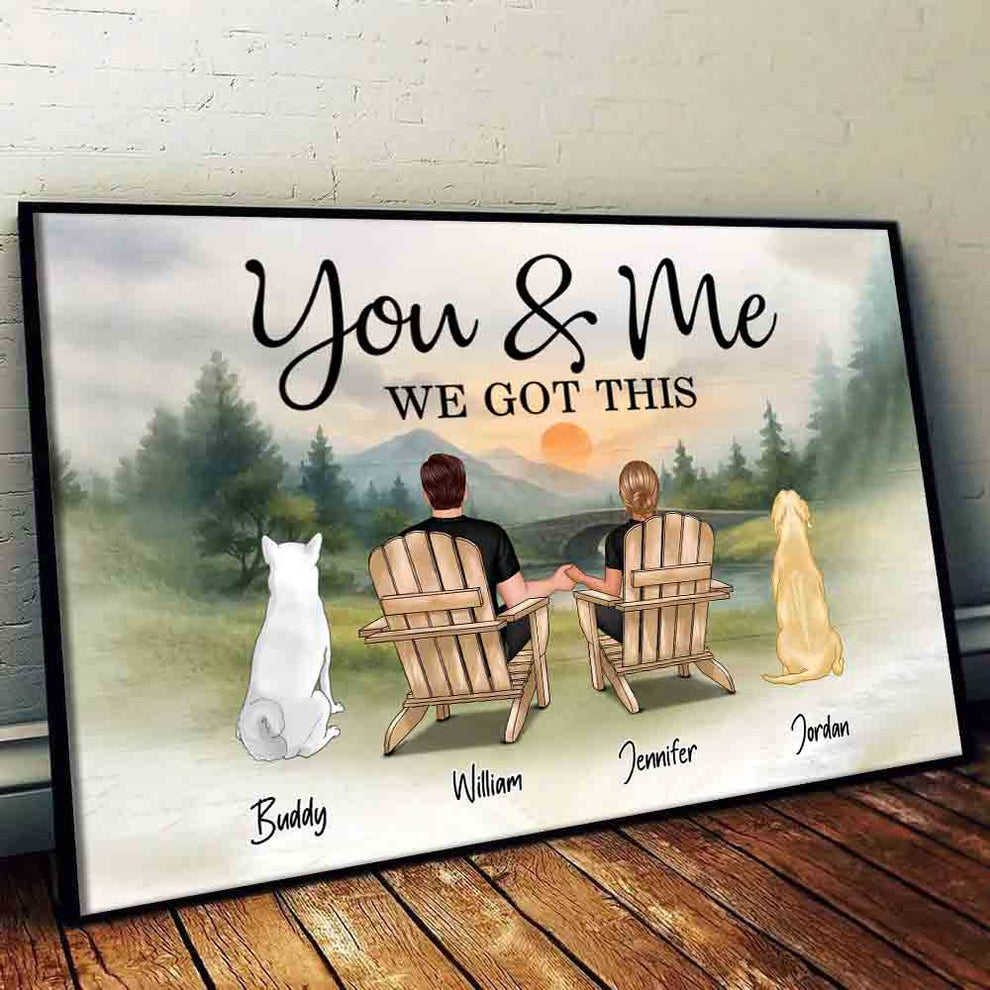 Personalized You & Me and the Dogs Couple canvas print, leaning against a wall on a wooden floor